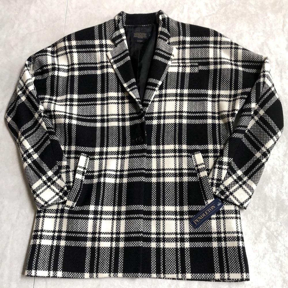 Pendleton Virgin Wool Black and White Tartan Plaid Women Blazer Jacket Size S - Picture 9 of 16
